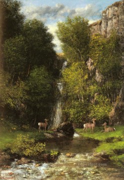 family portrait in a landscape Painting - A Family Of Deer In A Landscape With A Waterfall Realist painter Gustave Courbet
